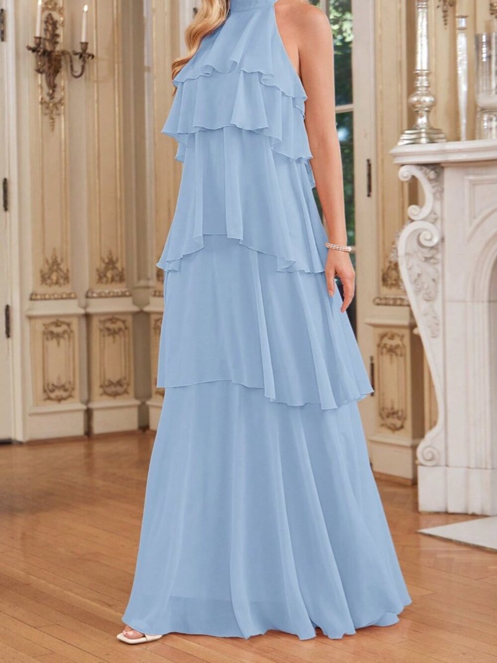 Baby Blue Casual Women's Halter Neck Ruffle Dress - Picture 6 of 9